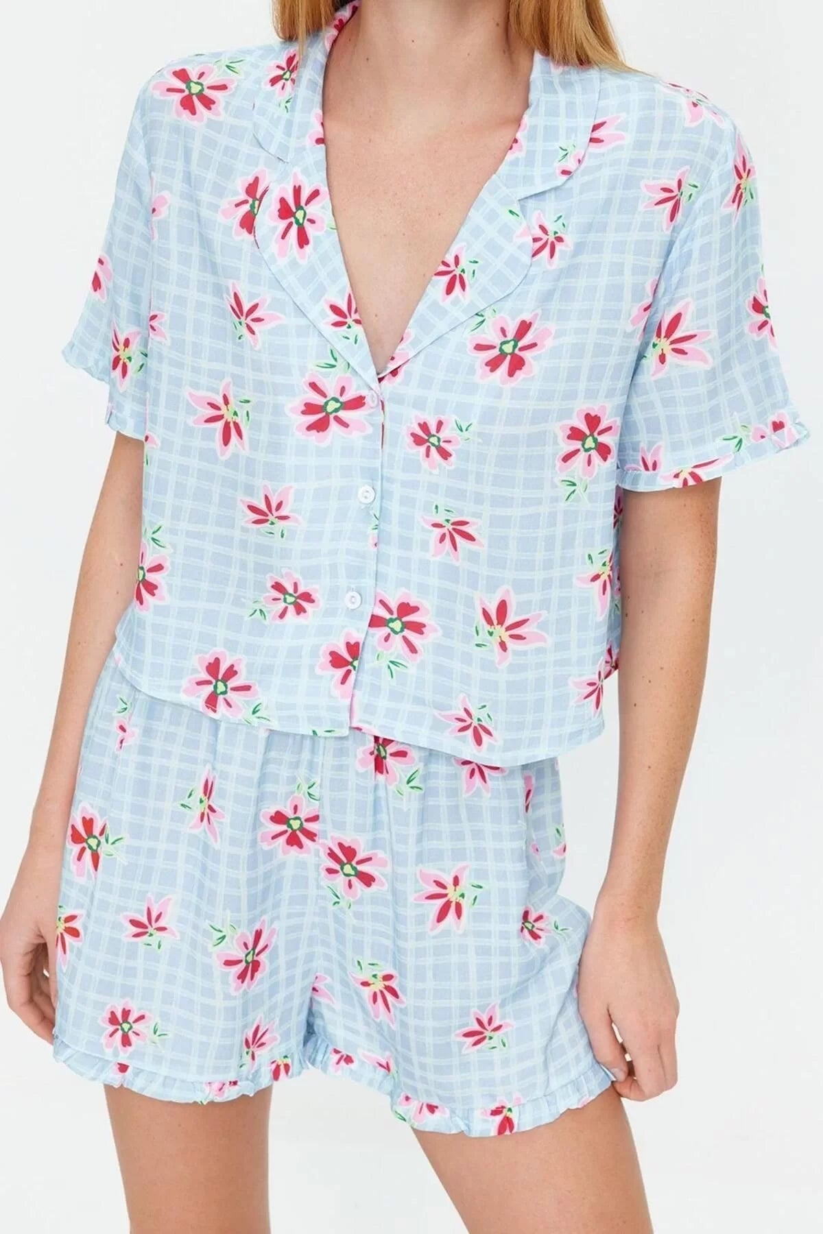 Women's Viscose Shirt Collar Short Sleeve Light Blue Floral Patterned Viscose Shirt-Shorts Woven Pajama Set