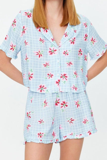 Women's Viscose Shirt Collar Short Sleeve Light Blue Floral Patterned Viscose Shirt-Shorts Woven Pajama Set