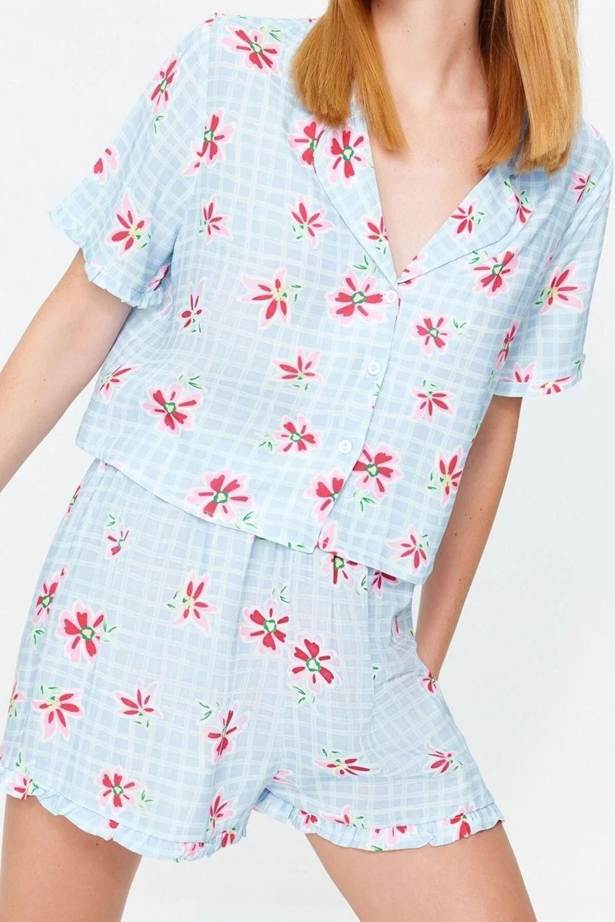 Women's Viscose Shirt Collar Short Sleeve Light Blue Floral Patterned Viscose Shirt-Shorts Woven Pajama Set