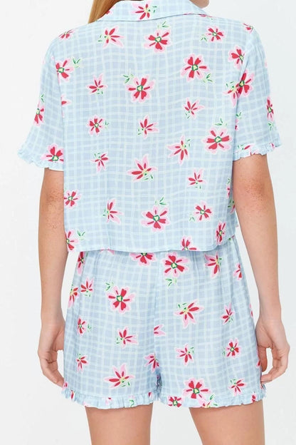 Women's Viscose Shirt Collar Short Sleeve Light Blue Floral Patterned Viscose Shirt-Shorts Woven Pajama Set