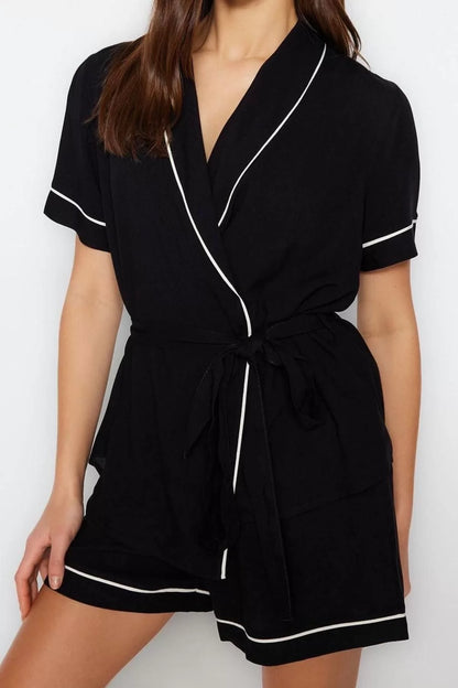 Women's Viscose Shirt Collar Short Sleeve Belted Piping Detailed Viscose Shirt-Shorts Woven Pajama Set