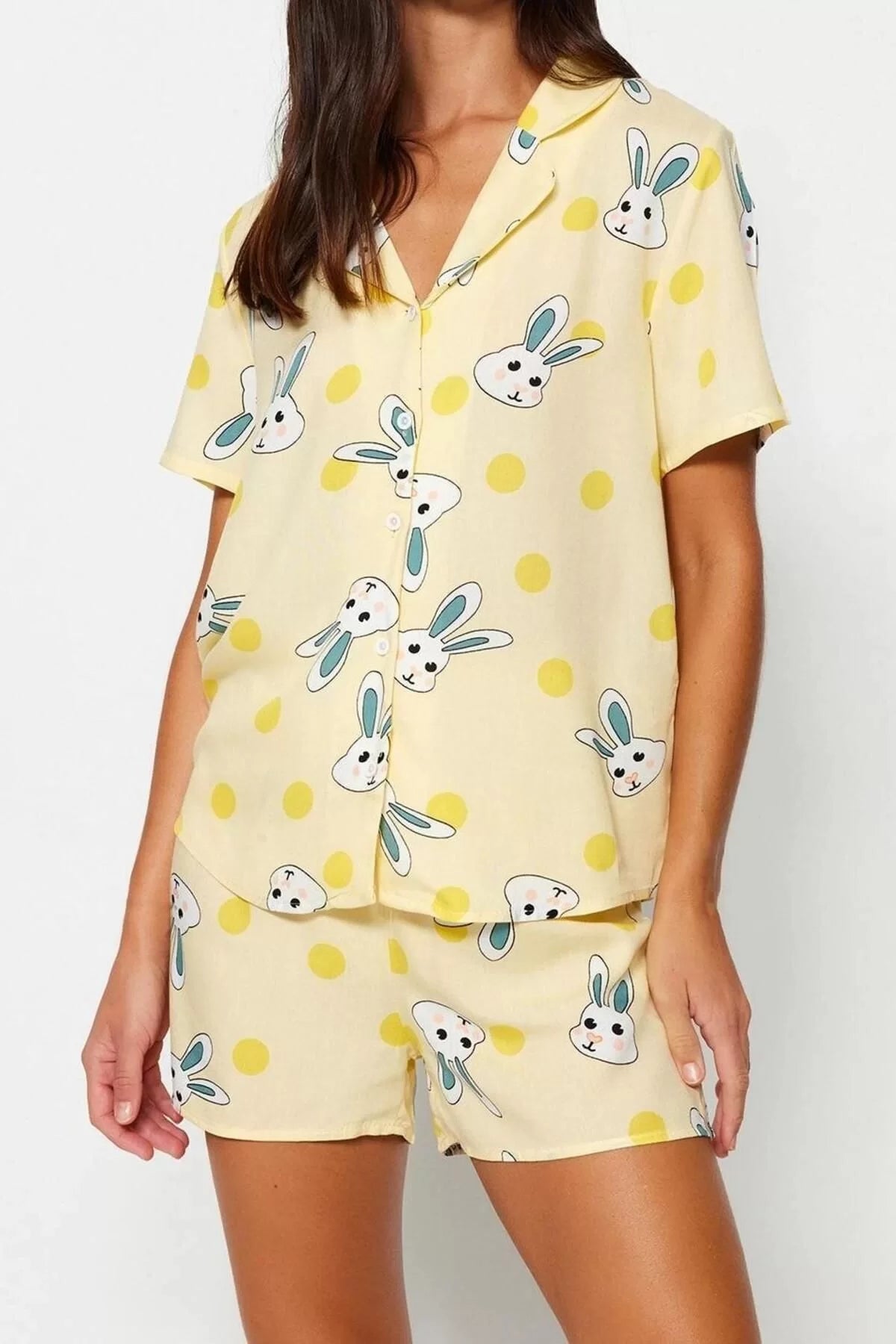 Women's Viscose Shirt Collar Short Sleeve Rabbit Patterned Viscose Shirt-Shorts Woven Pajama Set