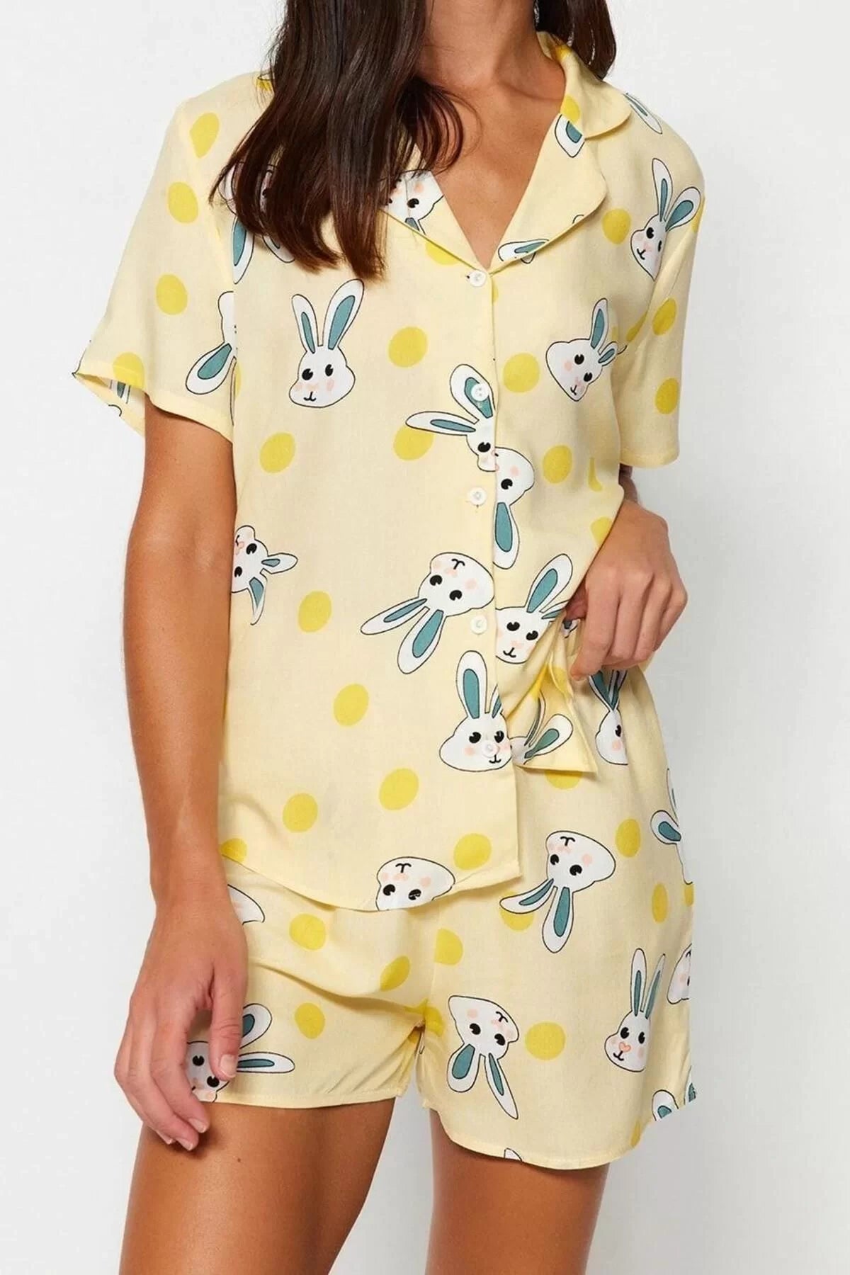 Women's Viscose Shirt Collar Short Sleeve Rabbit Patterned Viscose Shirt-Shorts Woven Pajama Set