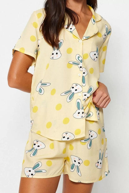 Women's Viscose Shirt Collar Short Sleeve Rabbit Patterned Viscose Shirt-Shorts Woven Pajama Set