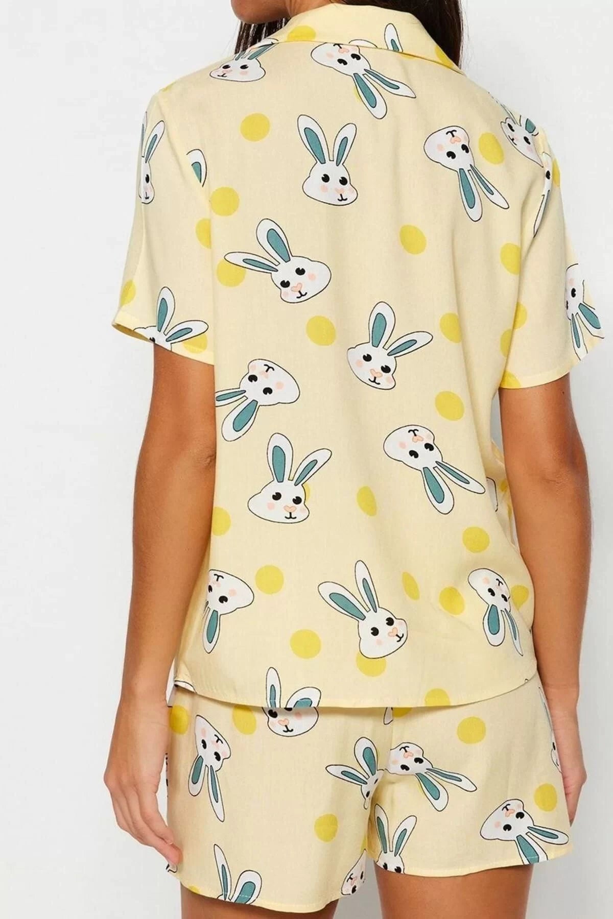 Women's Viscose Shirt Collar Short Sleeve Rabbit Patterned Viscose Shirt-Shorts Woven Pajama Set