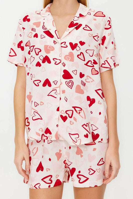 Women's Viscose Shirt Collar Short Sleeve Heart Patterned Viscose Woven Pajama Set