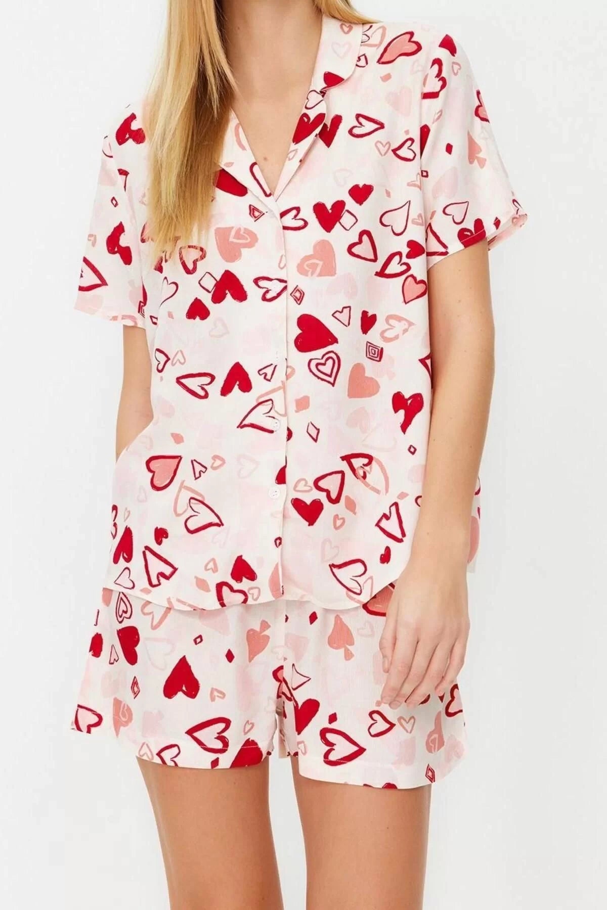 Women's Viscose Shirt Collar Short Sleeve Heart Patterned Viscose Woven Pajama Set