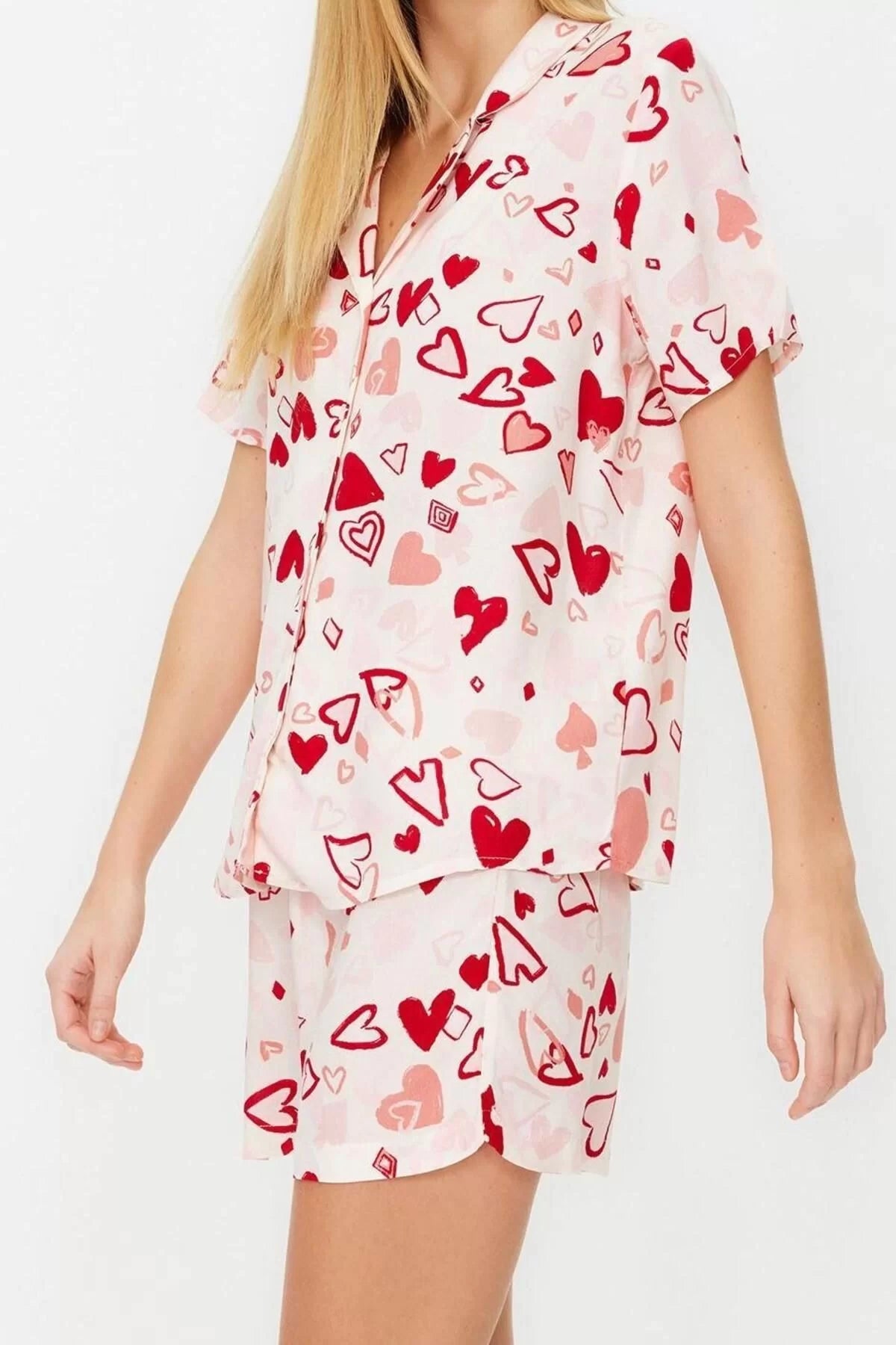 Women's Viscose Shirt Collar Short Sleeve Heart Patterned Viscose Woven Pajama Set