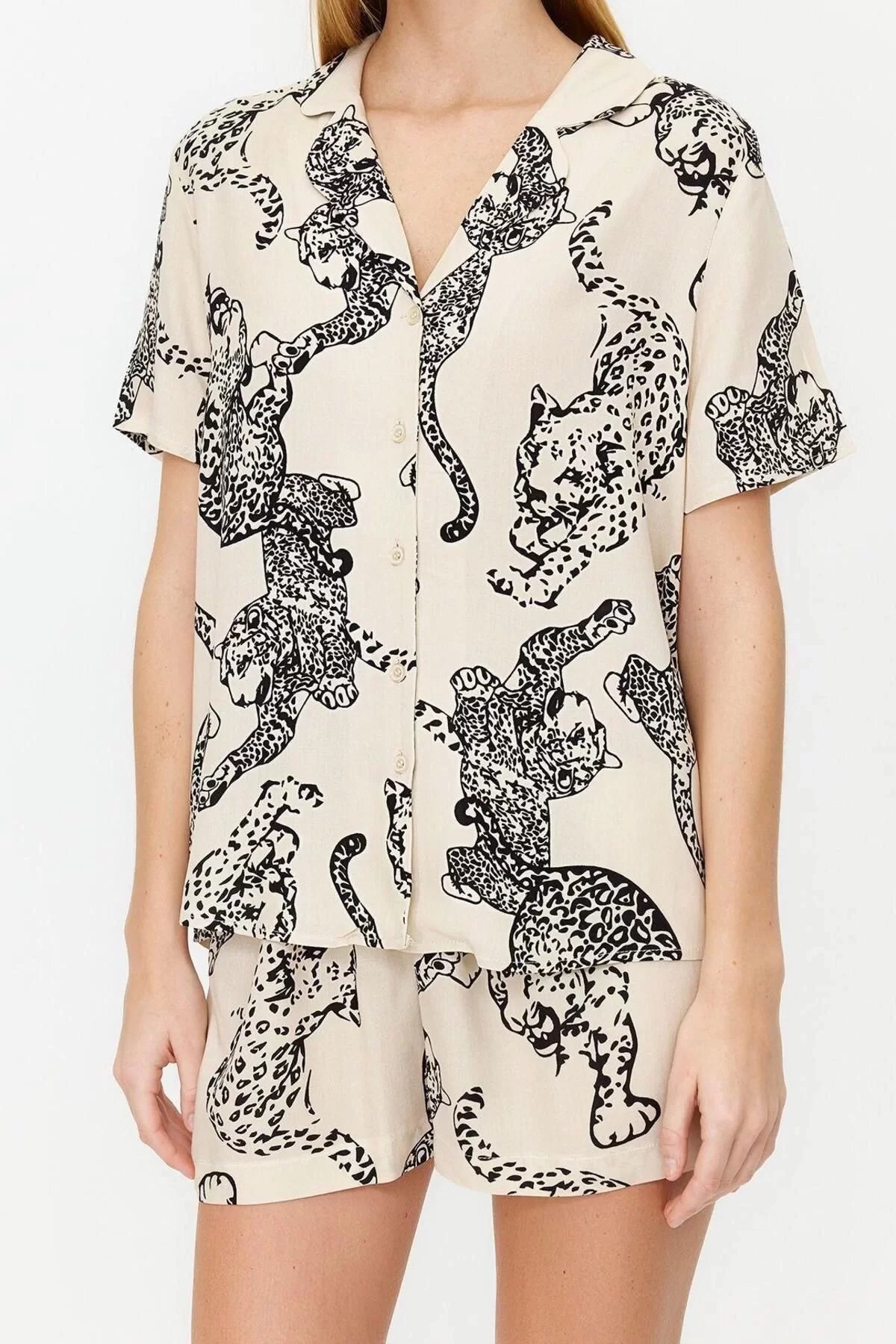 Women's Viscose Shirt Collar Short Sleeve Animal Patterned Viscose Woven Pajama Set