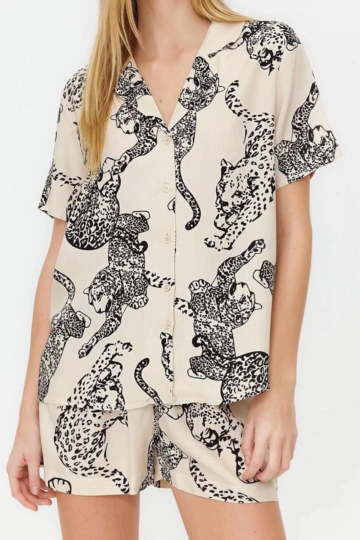 Women's Viscose Shirt Collar Short Sleeve Animal Patterned Viscose Woven Pajama Set