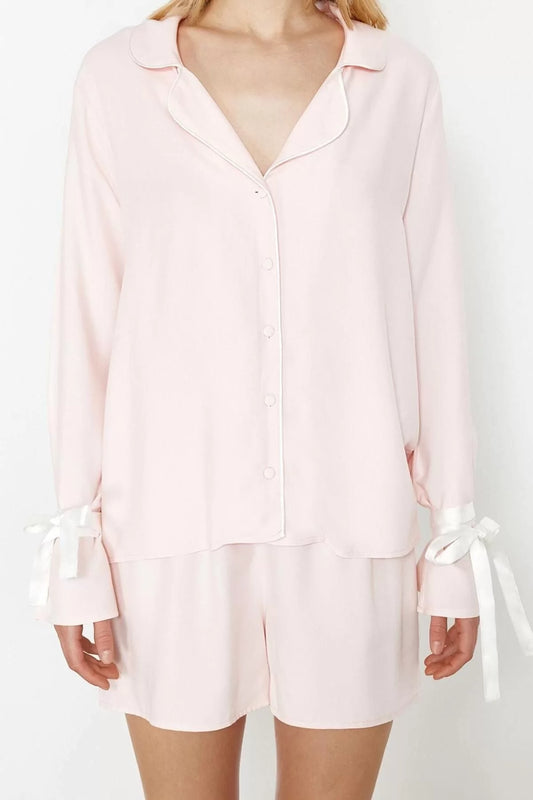 Women's Viscose Shirt Collar Long Sleeve Tie Bow and Piping Detailed Viscose Woven Pajama Set