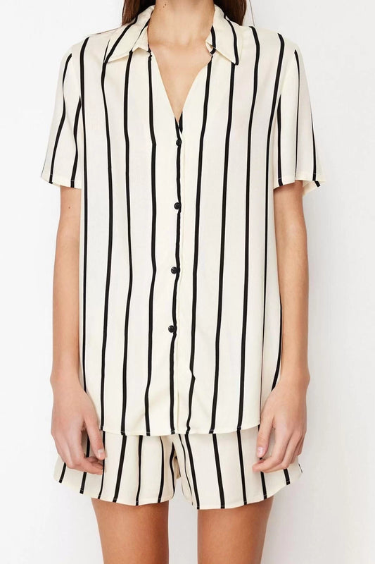 Women's Viscose Shirt Collar Short Sleeve Striped Collar Detailed Viscose Woven Pajama Set