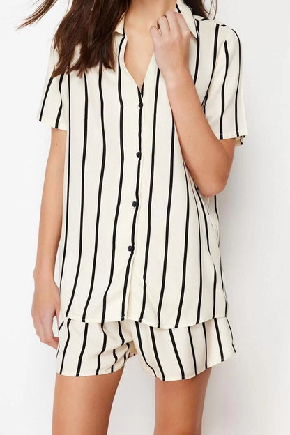 Women's Viscose Shirt Collar Short Sleeve Striped Collar Detailed Viscose Woven Pajama Set