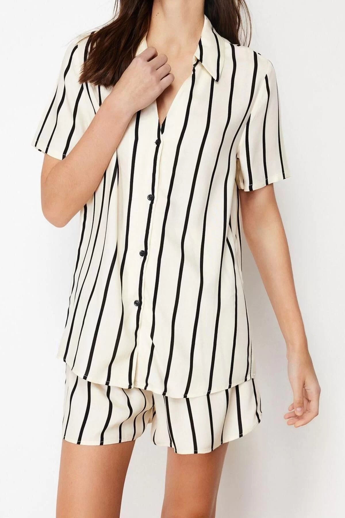 Women's Viscose Shirt Collar Short Sleeve Striped Collar Detailed Viscose Woven Pajama Set