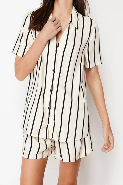 Women's Viscose Shirt Collar Short Sleeve Striped Collar Detailed Viscose Woven Pajama Set