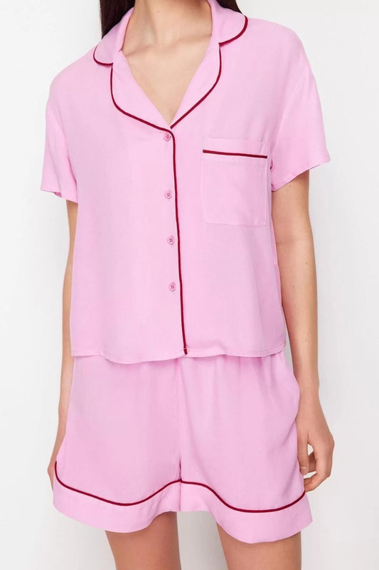 Women's Viscose Shirt Collar Short Sleeve Piping Detailed Viscose Woven Pajama Set