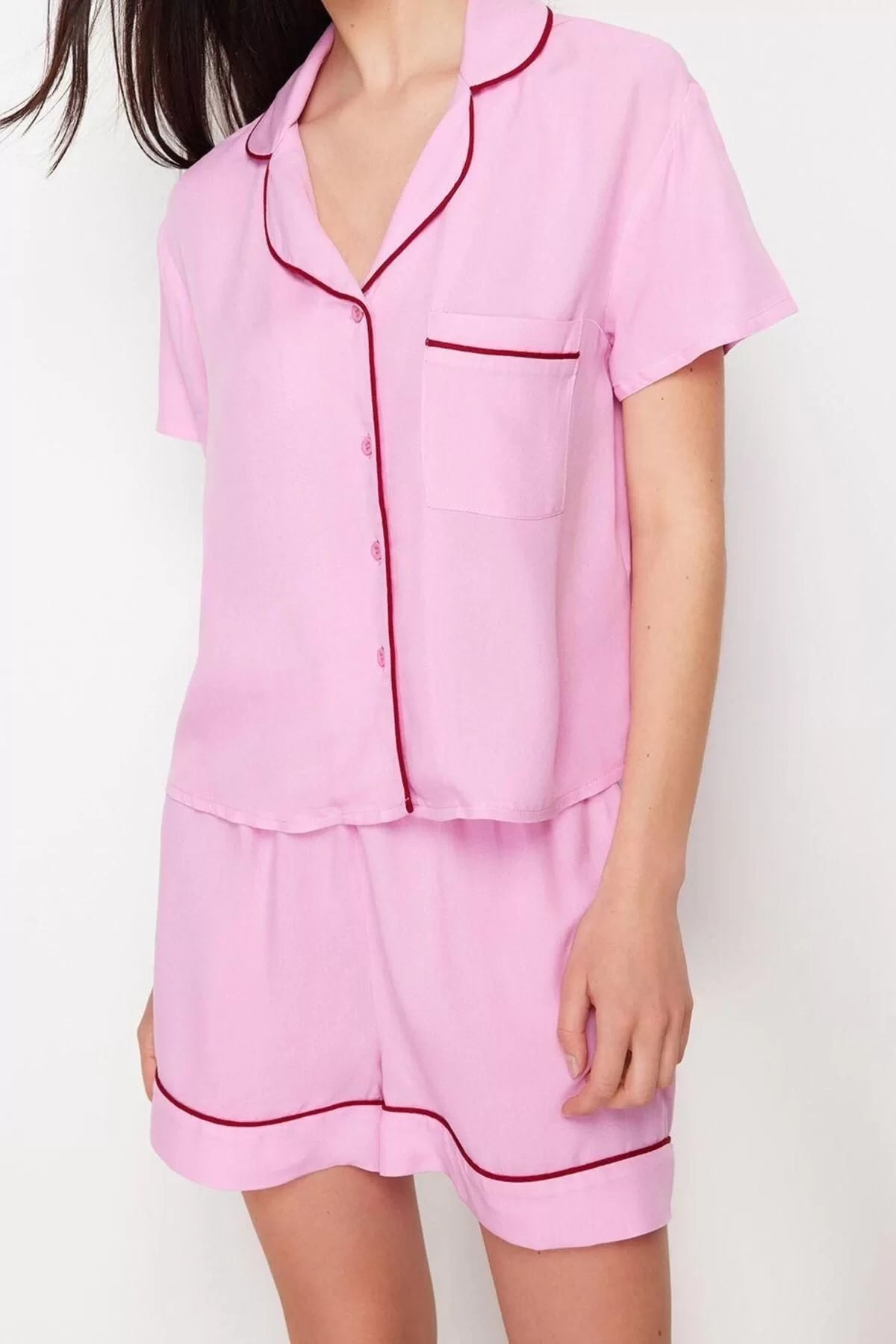 Women's Viscose Shirt Collar Short Sleeve Piping Detailed Viscose Woven Pajama Set