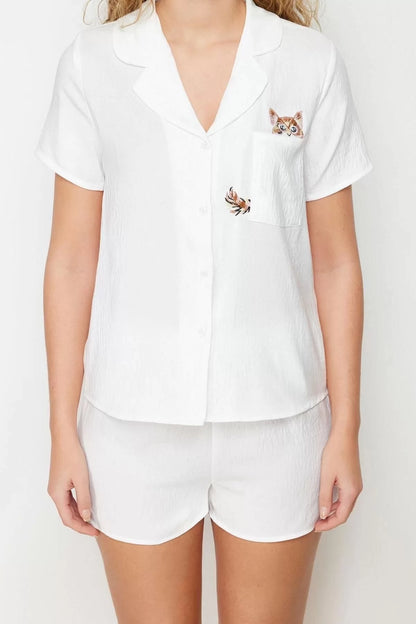 Women's Viscose Shirt Collar Short Sleeve White Cat Embroidered Viscose Woven Pajama Set