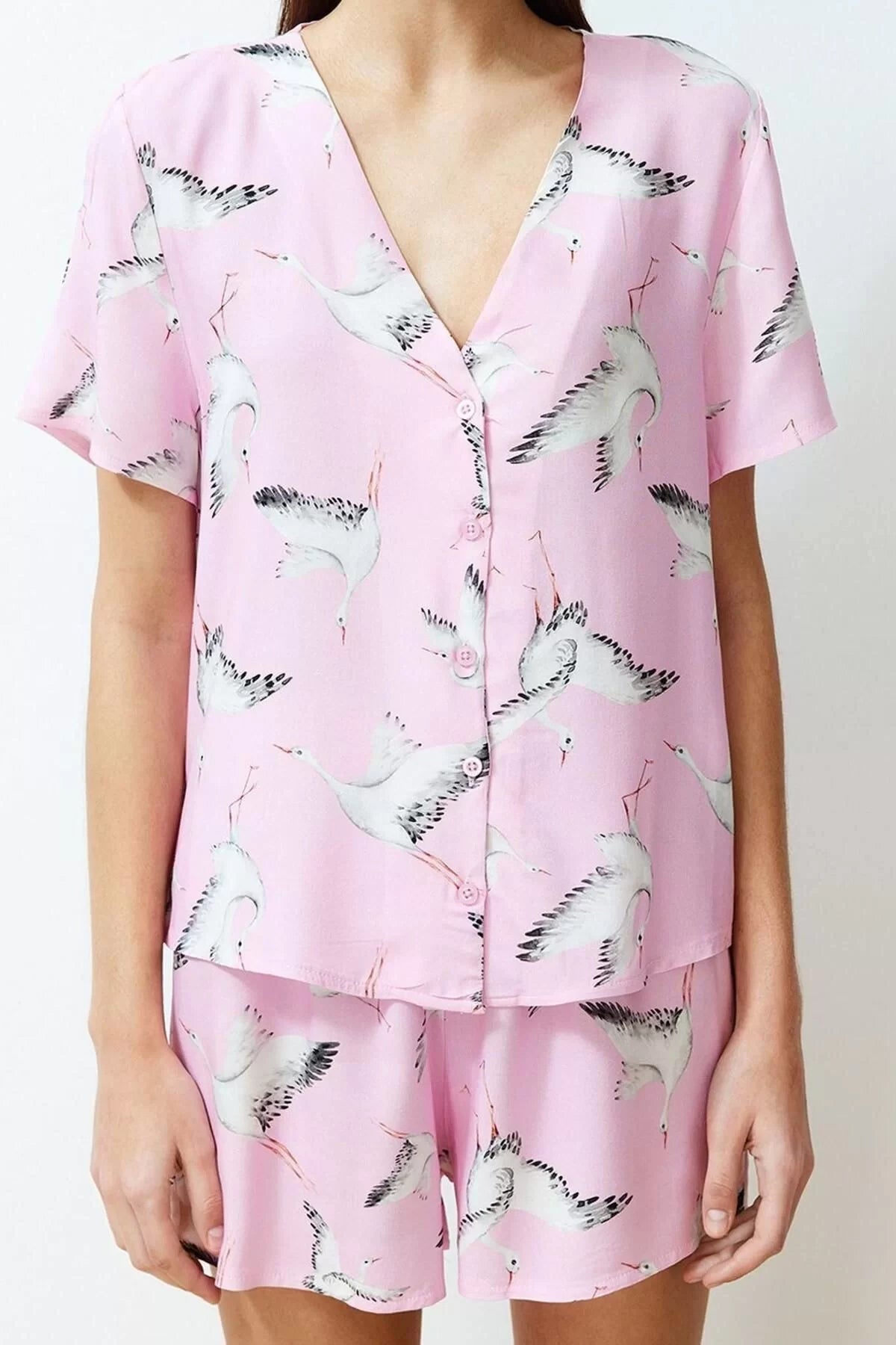 Women's Viscose V Neck Short Sleeve Stork Patterned Viscose Woven Pajama Set