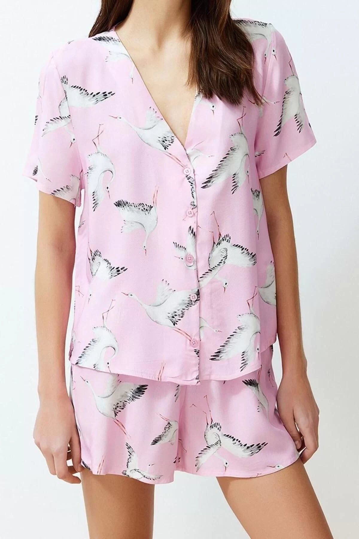 Women's Viscose V Neck Short Sleeve Stork Patterned Viscose Woven Pajama Set