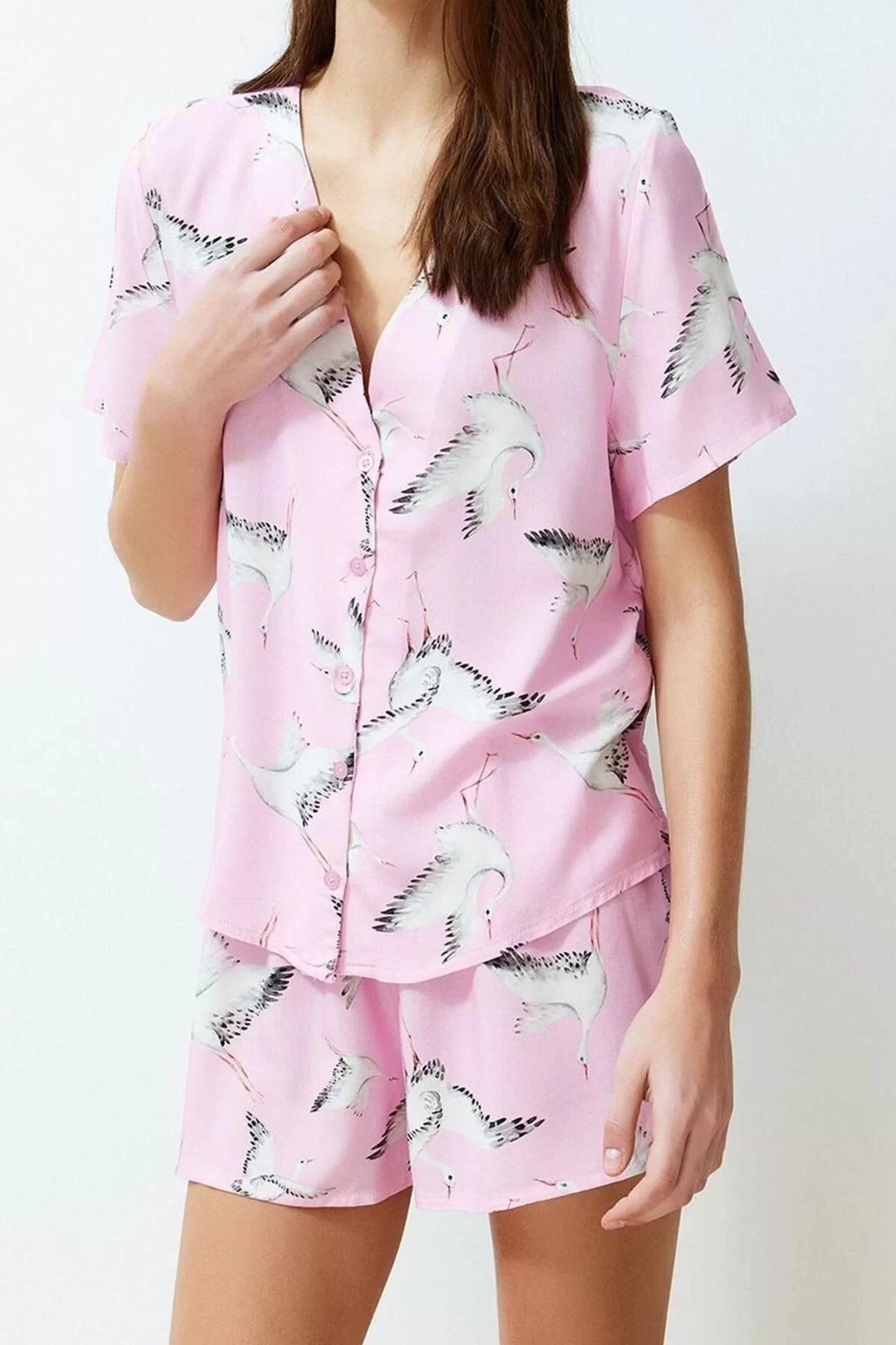 Women's Viscose V Neck Short Sleeve Stork Patterned Viscose Woven Pajama Set