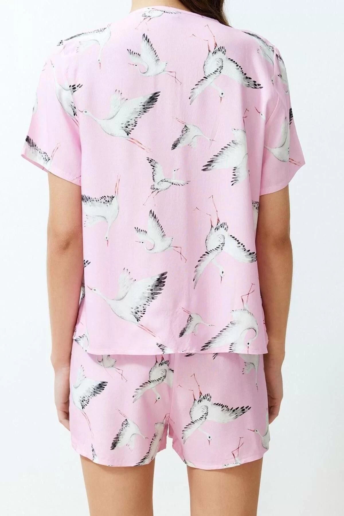 Women's Viscose V Neck Short Sleeve Stork Patterned Viscose Woven Pajama Set