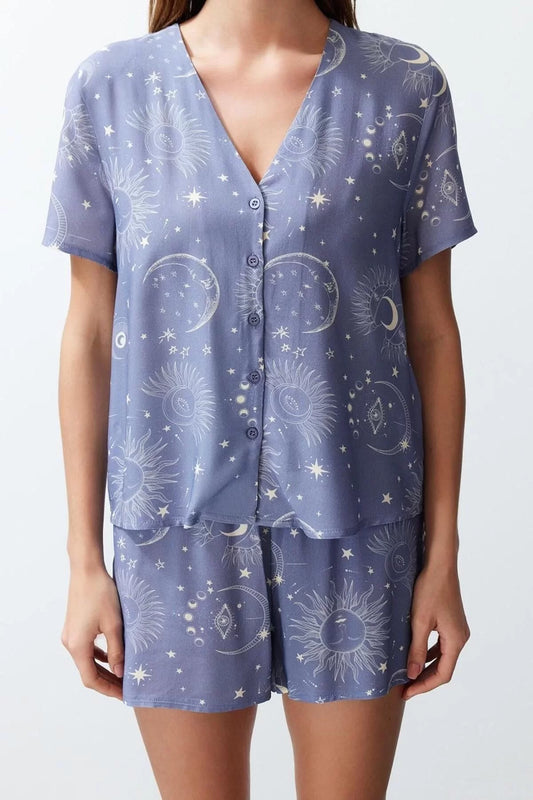 Women's Viscose V Neck Short Sleeve Women's Couple Galaxy Patterned Viscose Woven Pajama Set