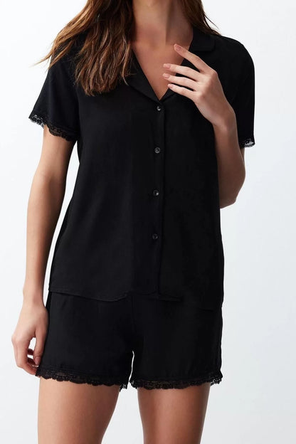 Women's Viscose Shirt Collar Short Sleeve Lace Detailed Viscose Woven Pajama Set