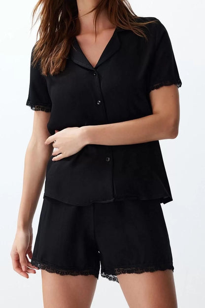 Women's Viscose Shirt Collar Short Sleeve Lace Detailed Viscose Woven Pajama Set