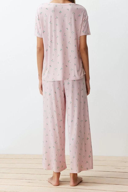 Women's Viscose V Neck Short Sleeve Floral Knitted Pajama Set