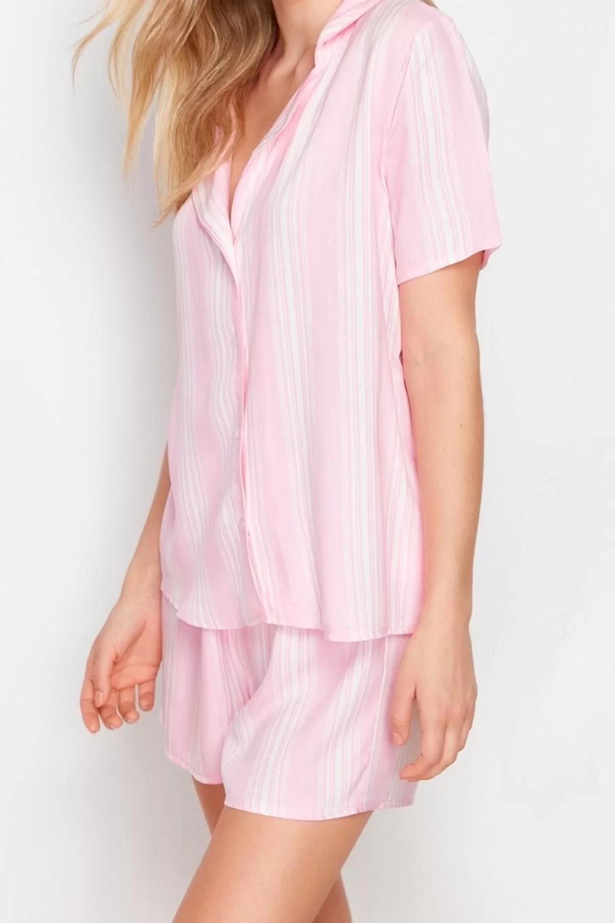 Women's Viscose Shirt Collar Short Sleeve Striped Piping Detailed Viscose Woven Pajama Set