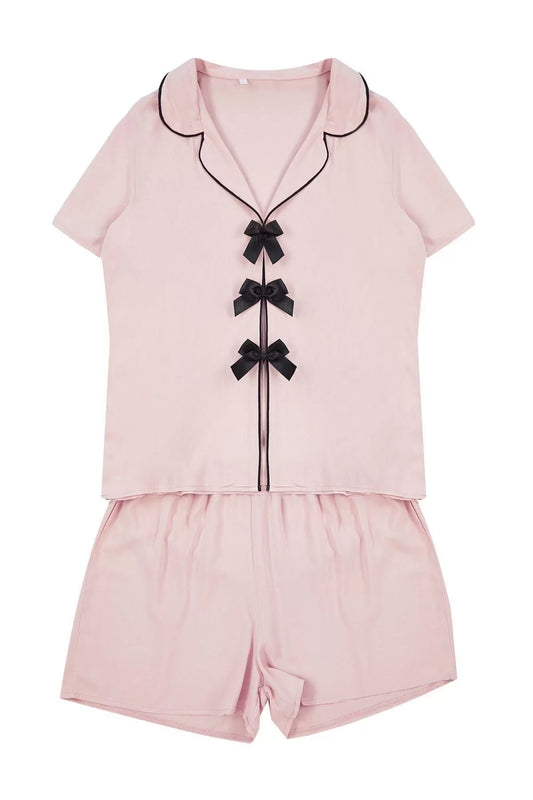 Women's Viscose Shirt Collar Short Sleeve Powder Ribbon Bow and Piping Detailed Viscose Woven Pajama Set