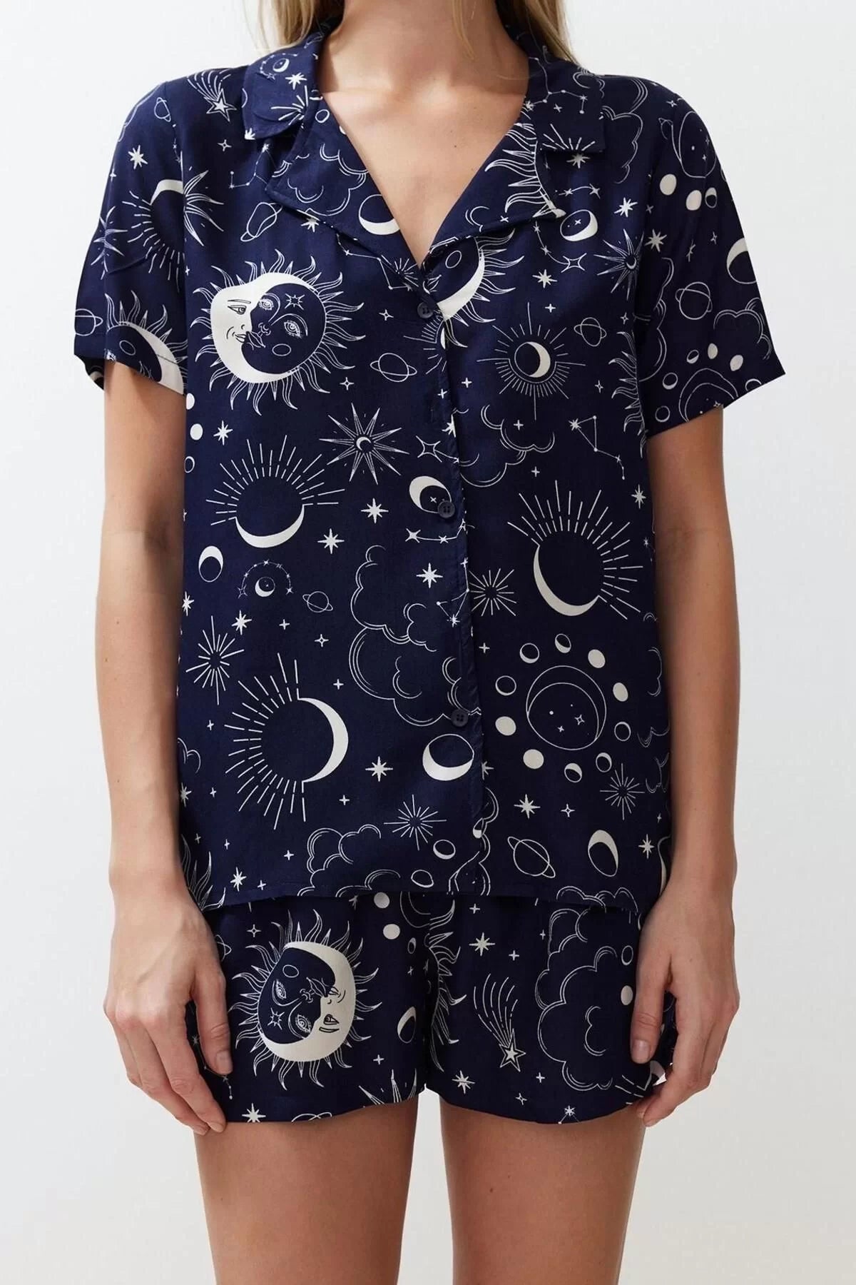 Women's Viscose Shirt Collar Short Sleeve Galaxy Patterned Viscose Woven Pajama Set