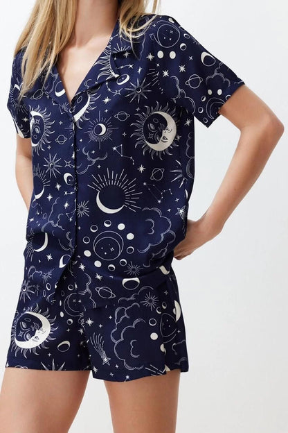 Women's Viscose Shirt Collar Short Sleeve Galaxy Patterned Viscose Woven Pajama Set