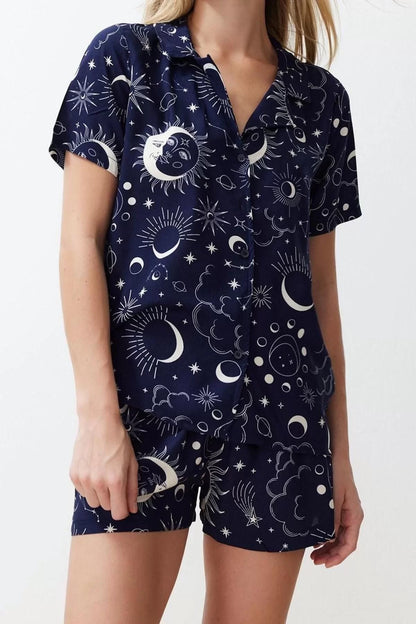 Women's Viscose Shirt Collar Short Sleeve Galaxy Patterned Viscose Woven Pajama Set