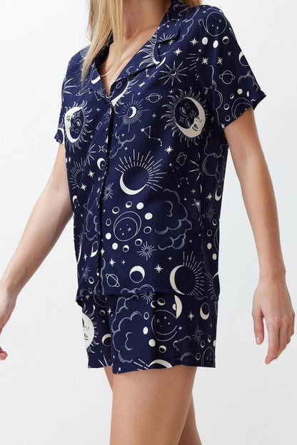 Women's Viscose Shirt Collar Short Sleeve Galaxy Patterned Viscose Woven Pajama Set