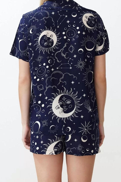 Women's Viscose Shirt Collar Short Sleeve Galaxy Patterned Viscose Woven Pajama Set