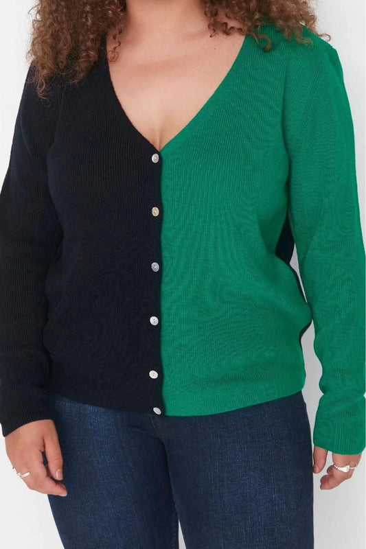 Women's Plus Size Fashion Stylish Regular V Neck Long Sleeve Color Block Knitwear Cardigan