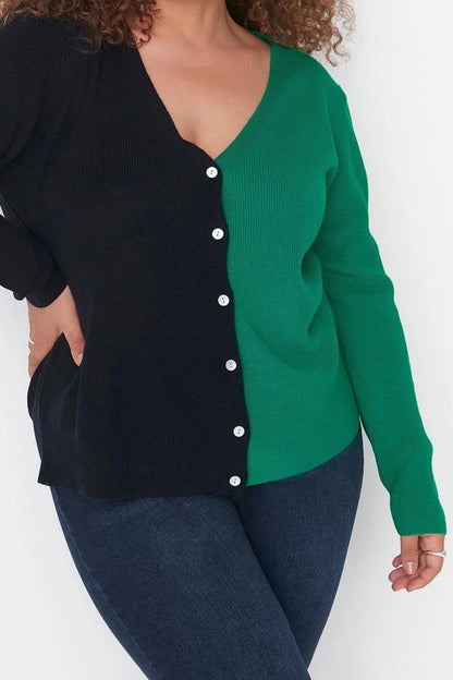 Women's Plus Size Fashion Stylish Regular V Neck Long Sleeve Color Block Knitwear Cardigan