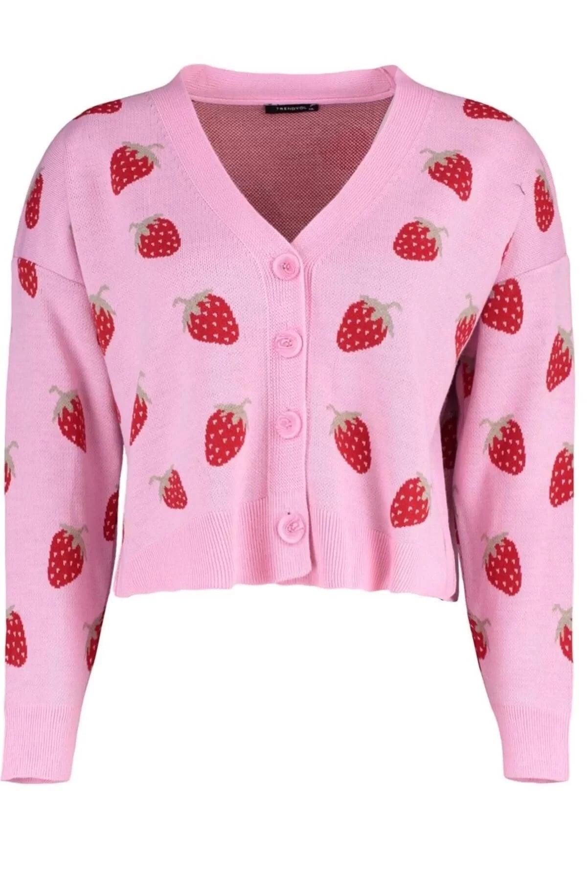 Women's Plus Size Fashion Stylish Regular V Neck Long Sleeve Geometric Strawberry Patterned Crop Knitwear Cardigan