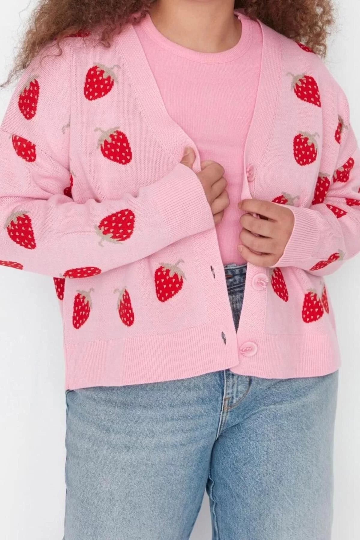 Women's Plus Size Fashion Stylish Regular V Neck Long Sleeve Geometric Strawberry Patterned Crop Knitwear Cardigan