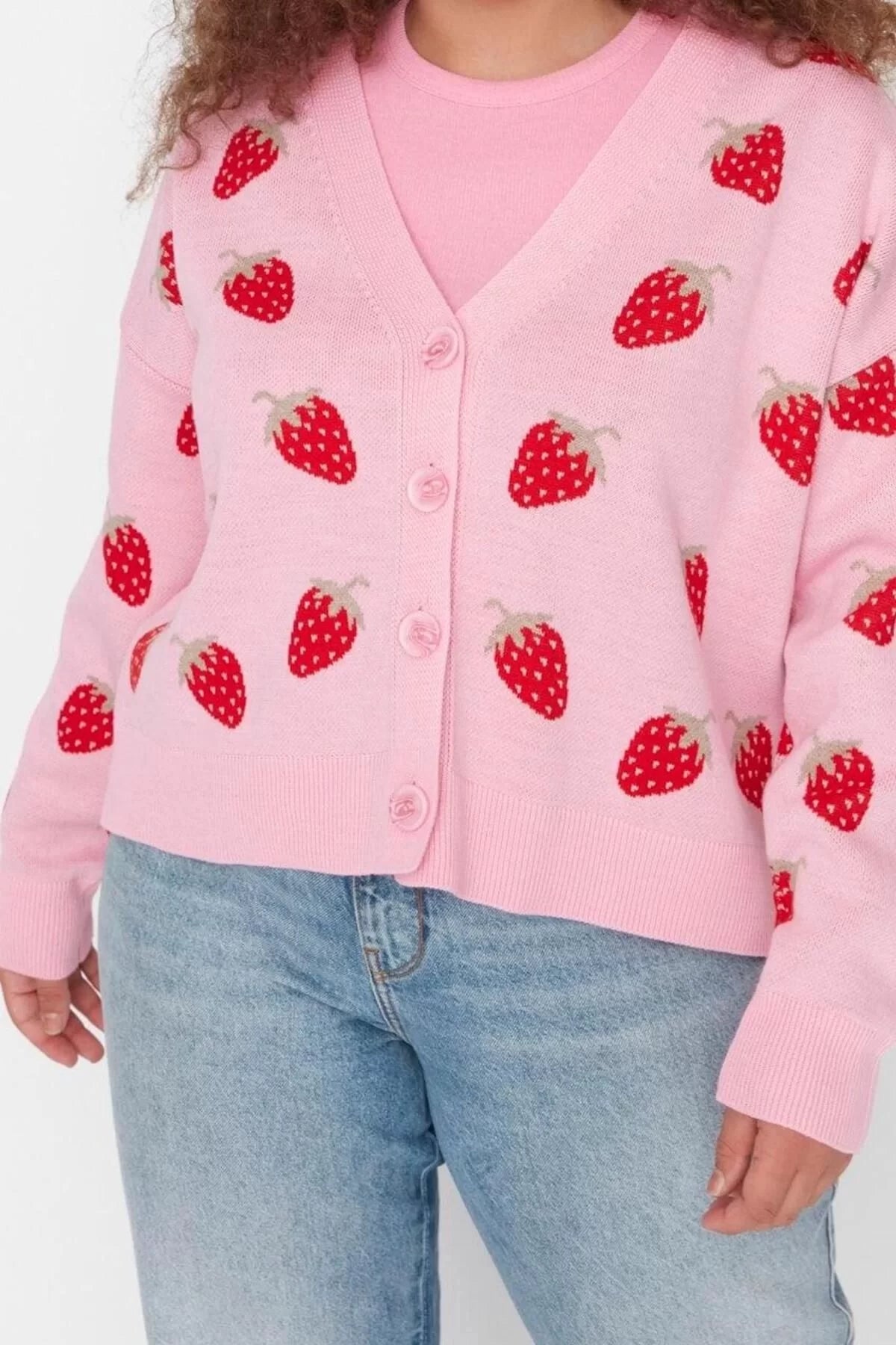 Women's Plus Size Fashion Stylish Regular V Neck Long Sleeve Geometric Strawberry Patterned Crop Knitwear Cardigan