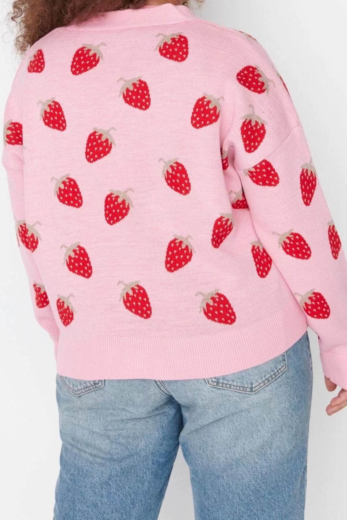 Women's Plus Size Fashion Stylish Regular V Neck Long Sleeve Geometric Strawberry Patterned Crop Knitwear Cardigan