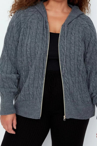 Women's Plus Size Fashion Stylish Regular Hooded Long Sleeve Knitted Hooded Zippered Sweater Cardigan