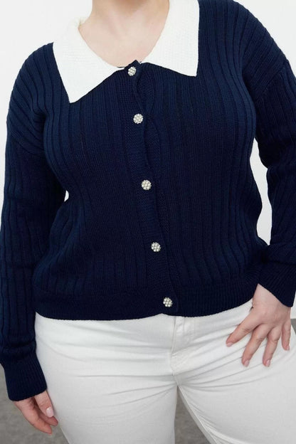 Women's Plus Size Fashion Stylish Regular Shirt Collar Long Sleeve Plain Knitwear Cardigan