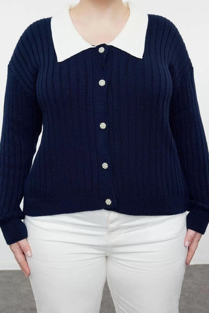 Women's Plus Size Fashion Stylish Regular Shirt Collar Long Sleeve Plain Knitwear Cardigan