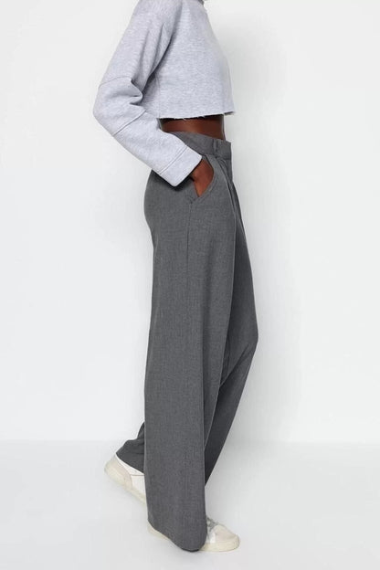 Women's New Fashion Wide Leg Long Length Woven Anthracite Palazzo Extra Wide Leg Trousers