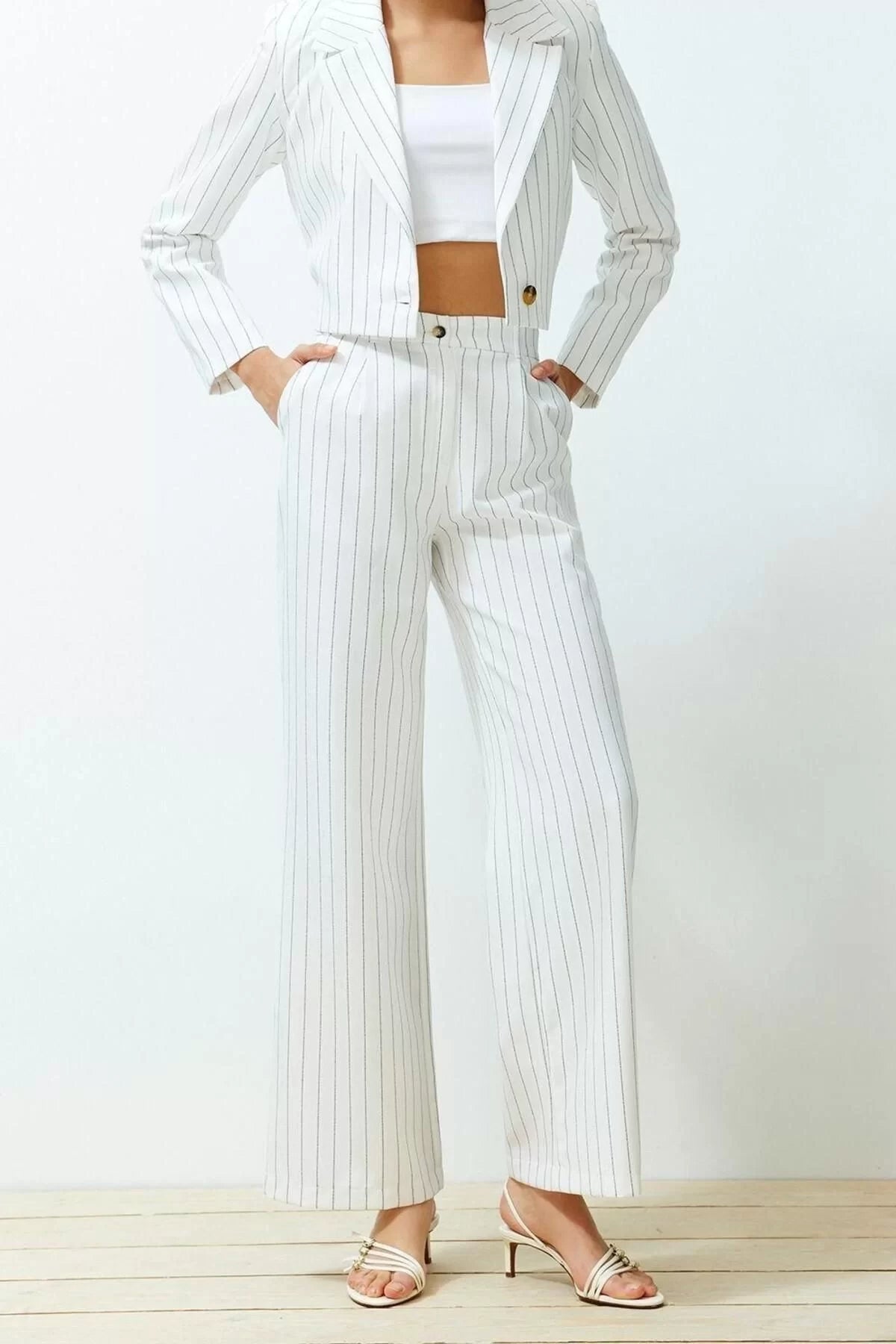 Women's New Fashion Wide Leg Long Length Woven Wide Leg Striped Trousers