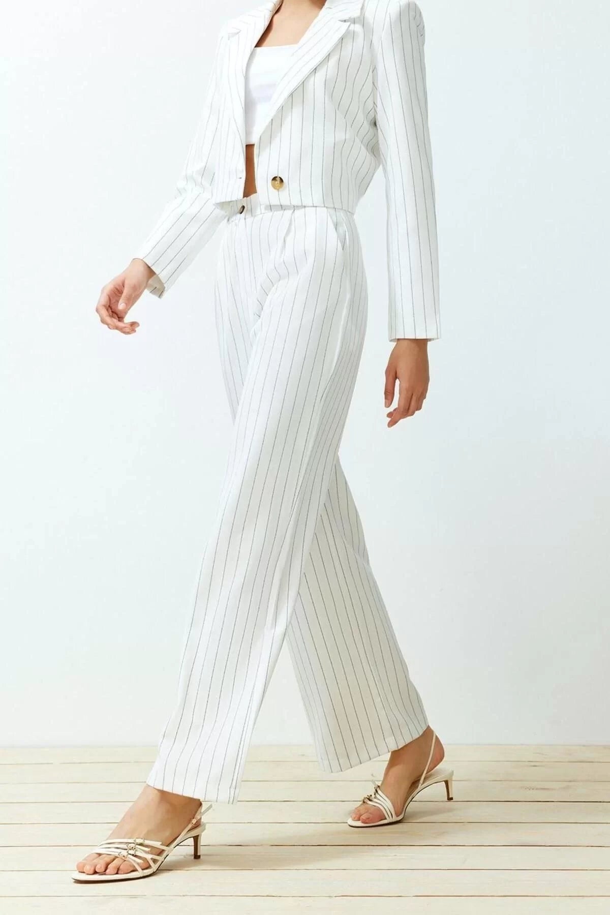 Women's New Fashion Wide Leg Long Length Woven Wide Leg Striped Trousers