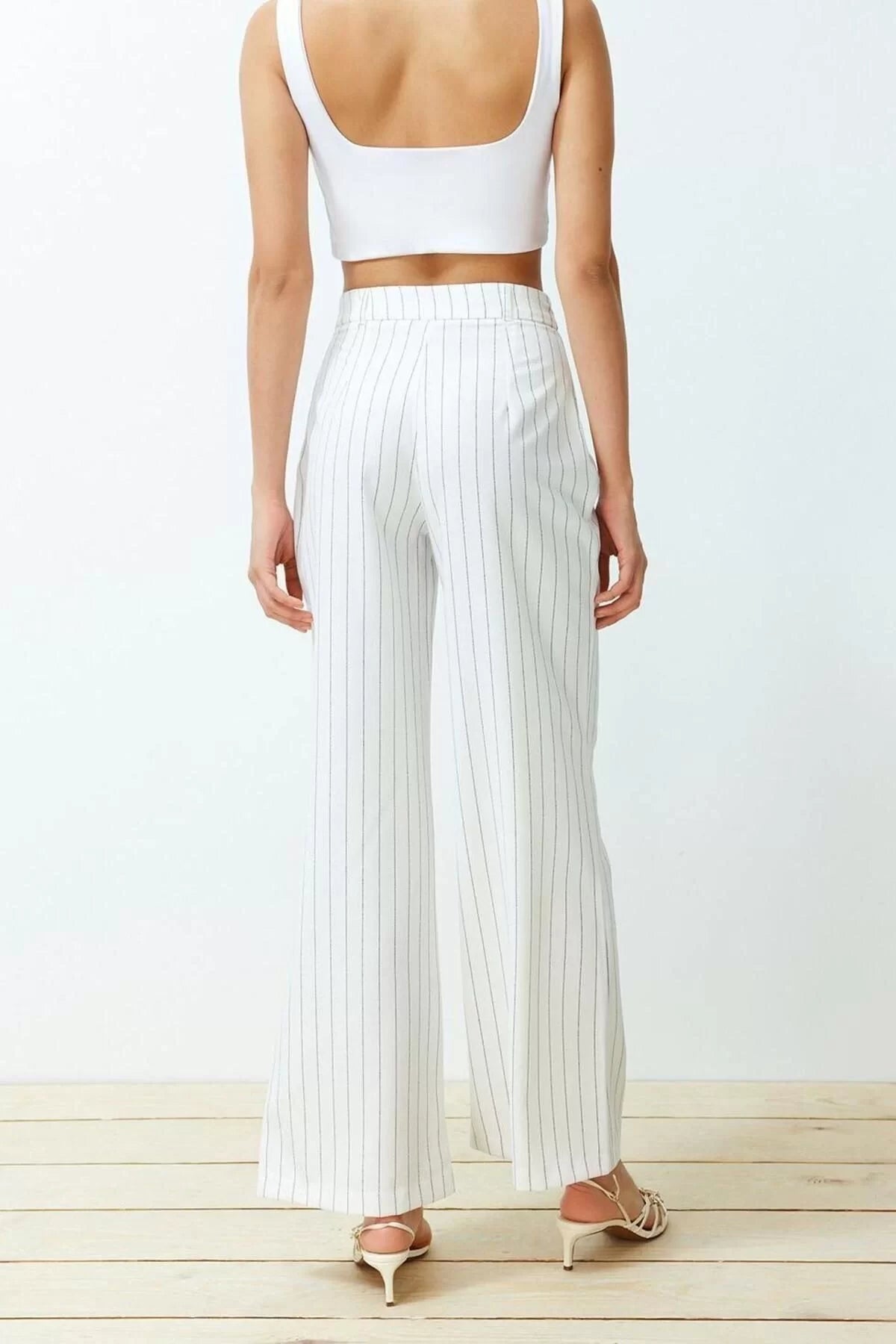 Women's New Fashion Wide Leg Long Length Woven Wide Leg Striped Trousers